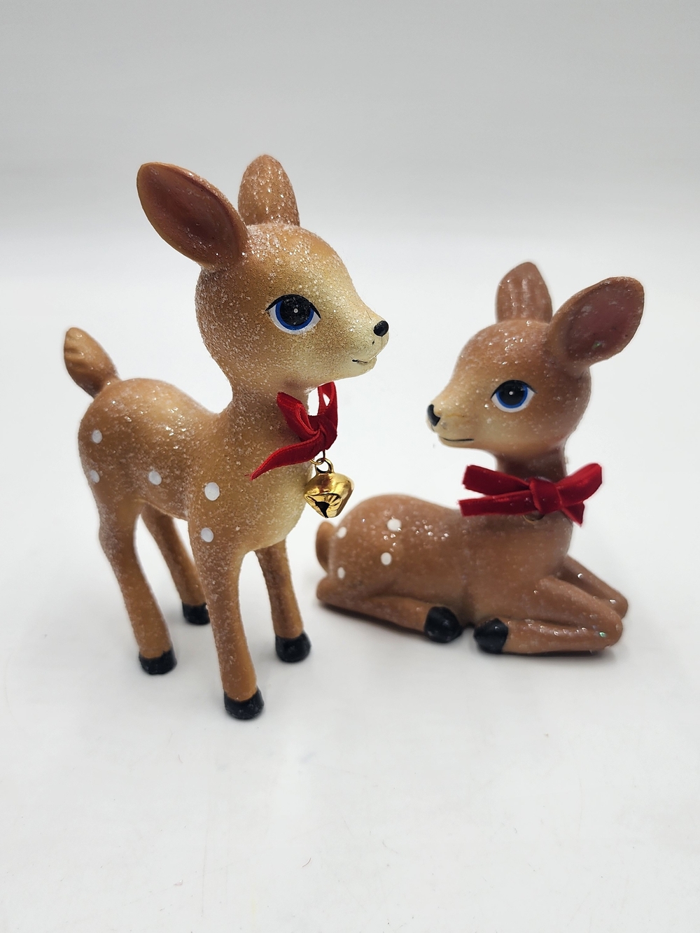 Holiday Deer Figurine Set with Red Bows and Gold Bell - Brown